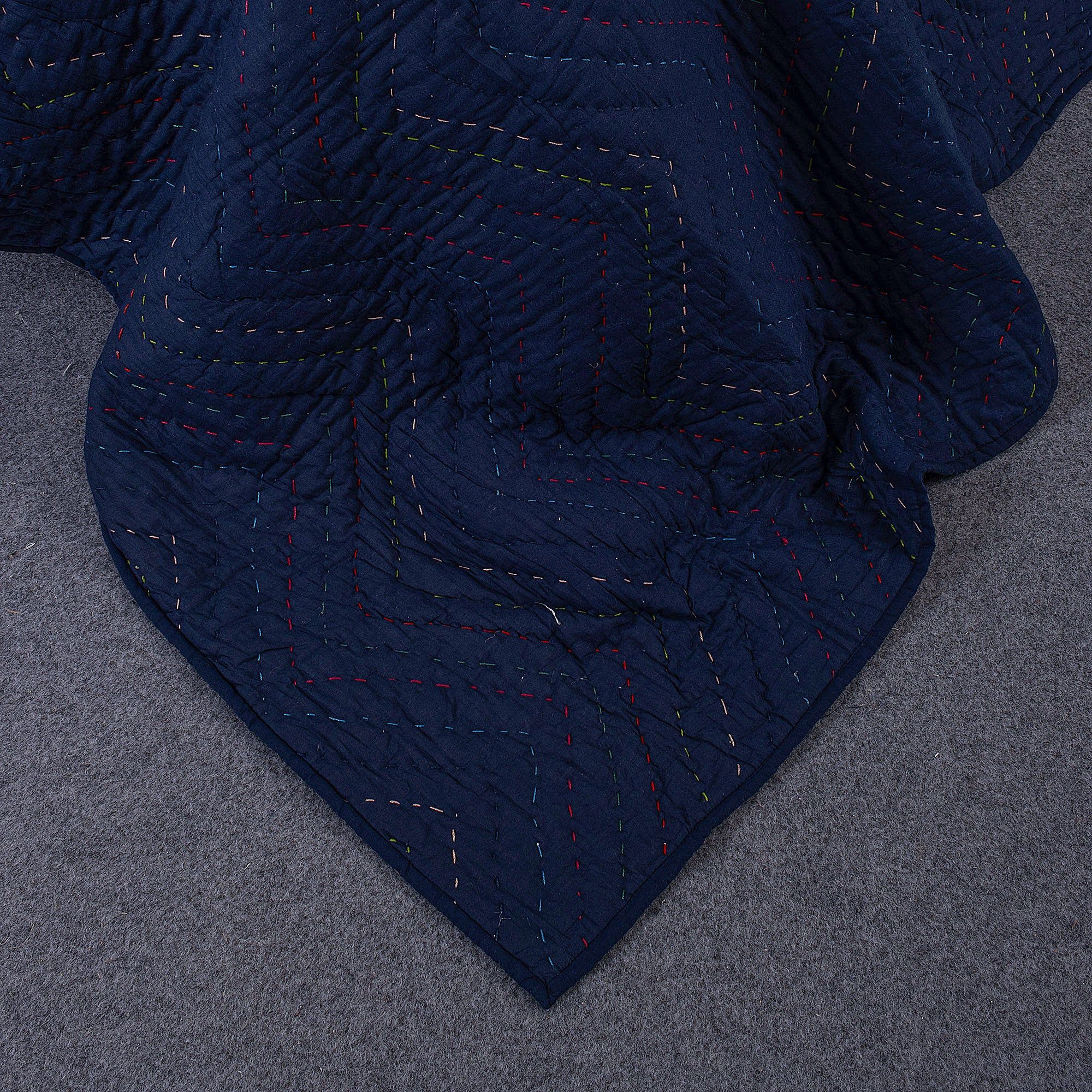 Blue Handmade Solid Kantha Quilt For Winter